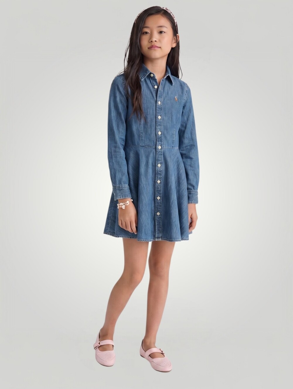 Polo Ralph Lauren Girls 10 Denim Shirt Dress Long Sleeve Fit Flare Button Front‎